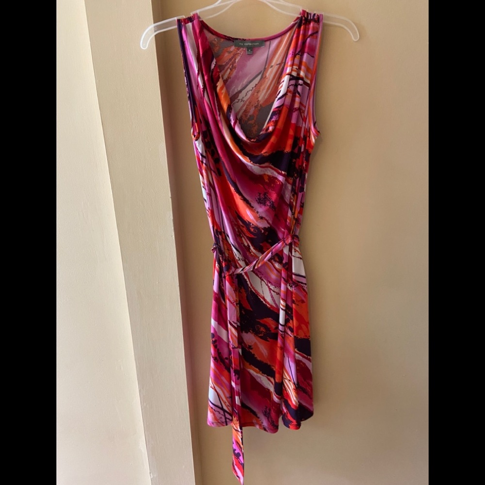 Orange & pink dress with cowl neck and belt